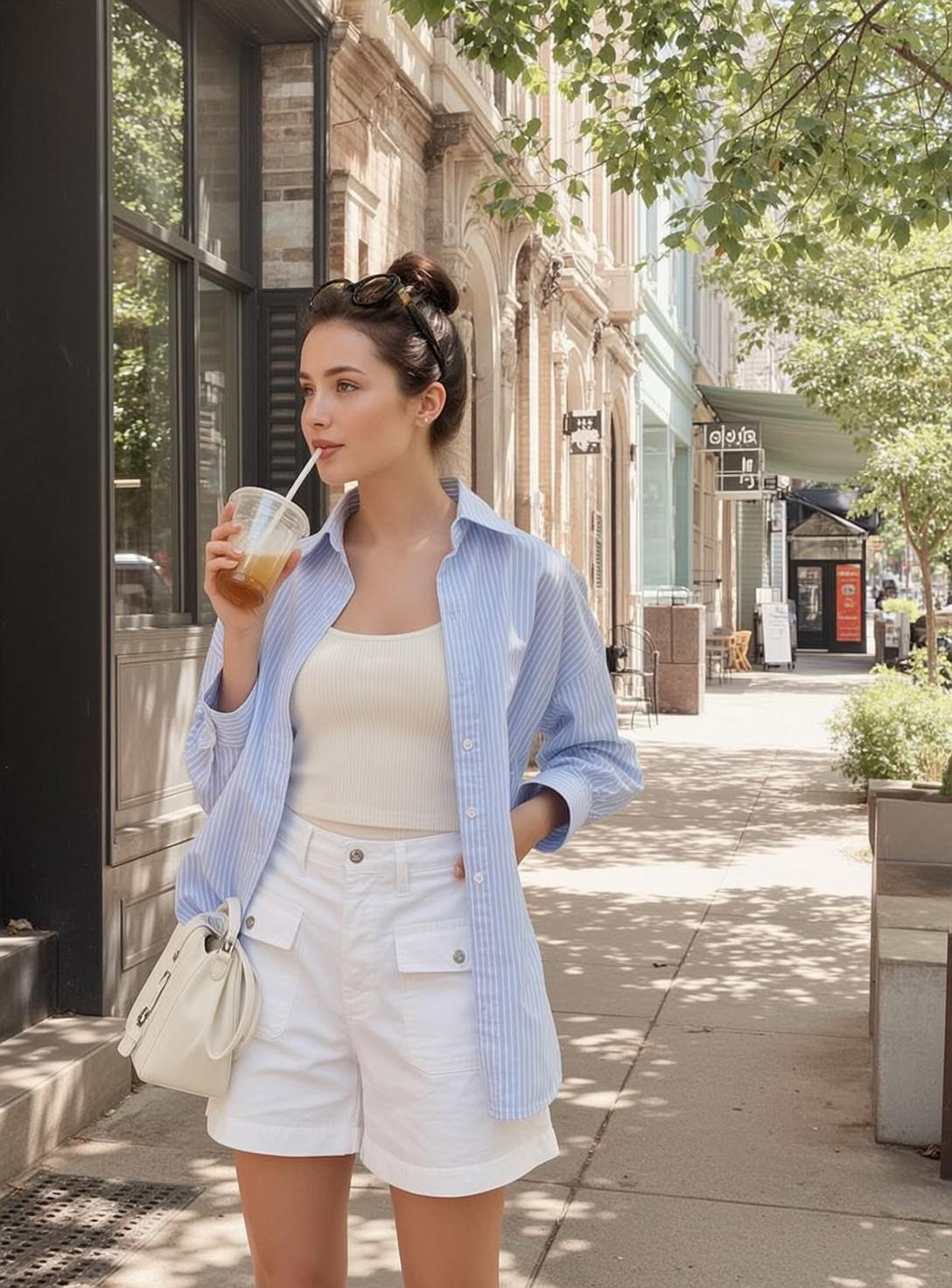 Striped Shirt Cargo Shorts Drink