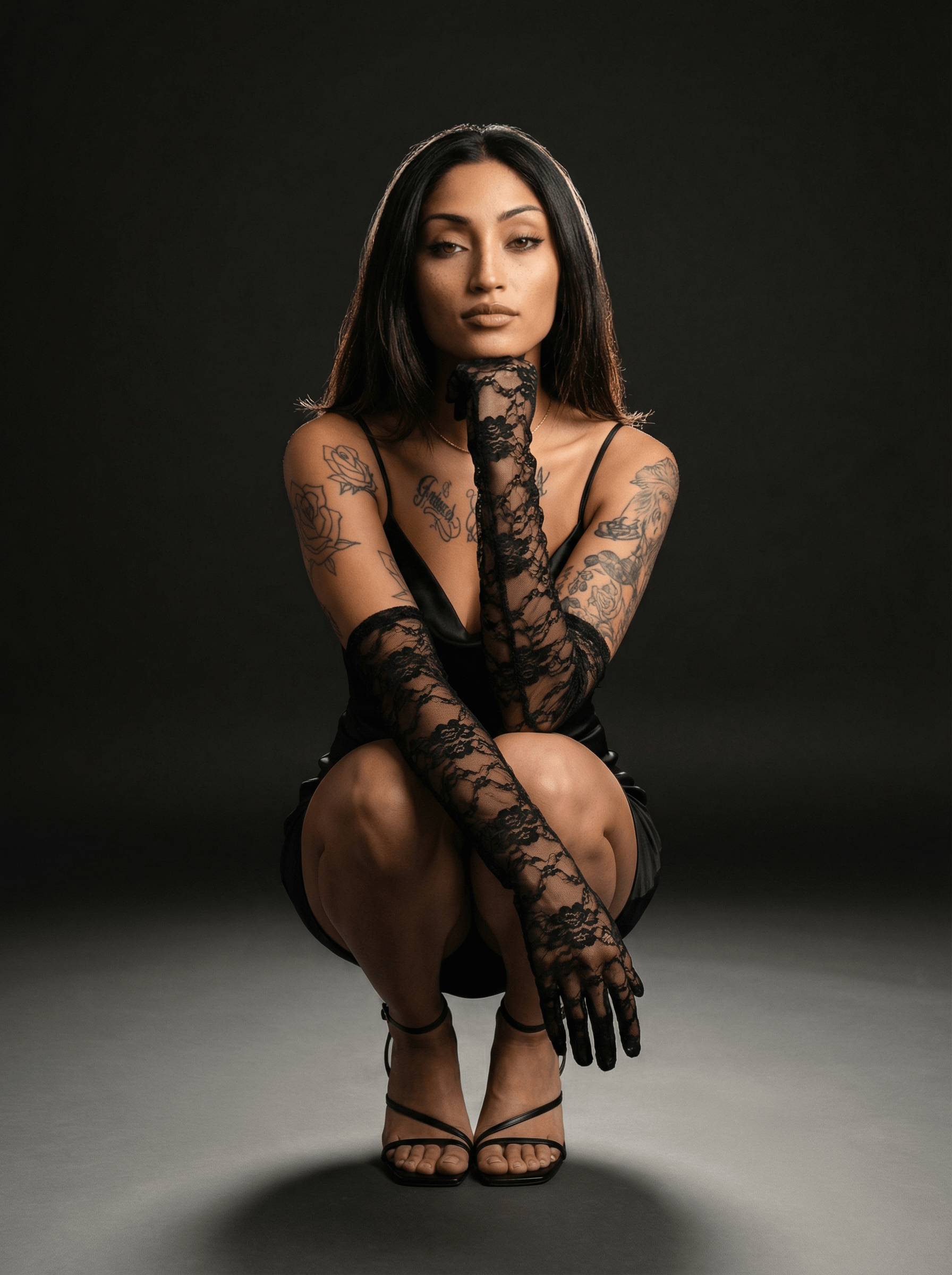A model in a black satin mini dress and lace gloves, crouching in a minimal studio with a charcoal backdrop.