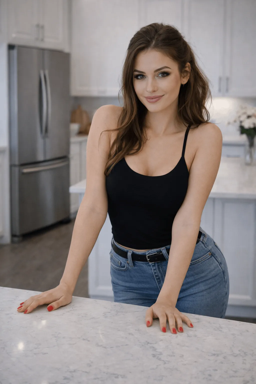 Black Camisole Blue Jeans Modern Kitchen