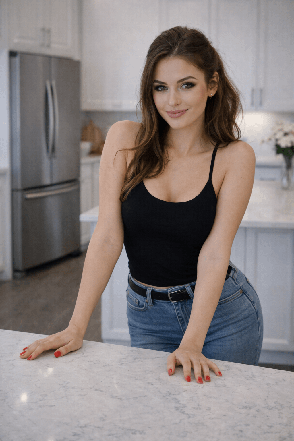 Black Camisole Blue Jeans Modern Kitchen