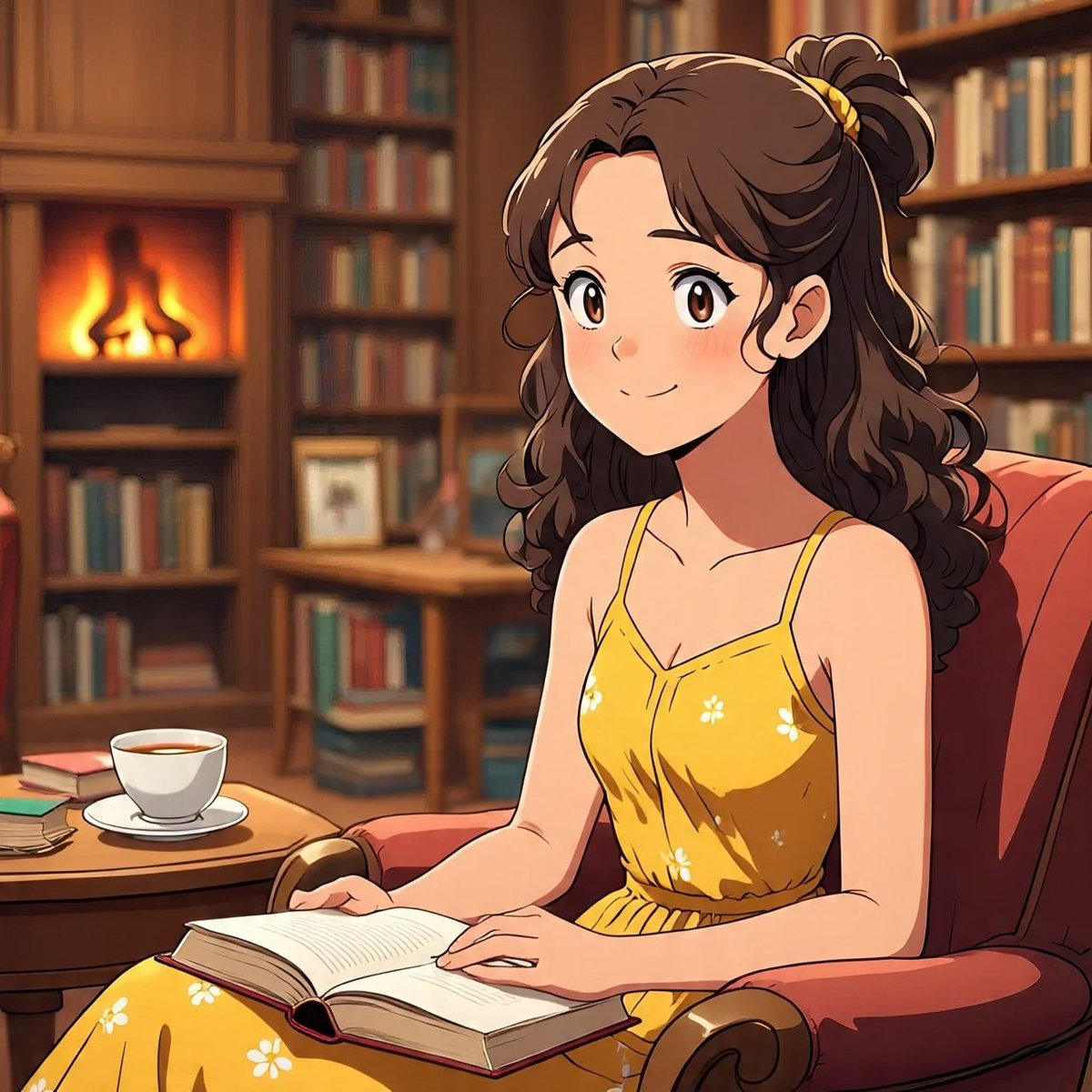 A calm character in a cozy library, reading a book in warm ambient lighting, soft shadows and vibrant colors.