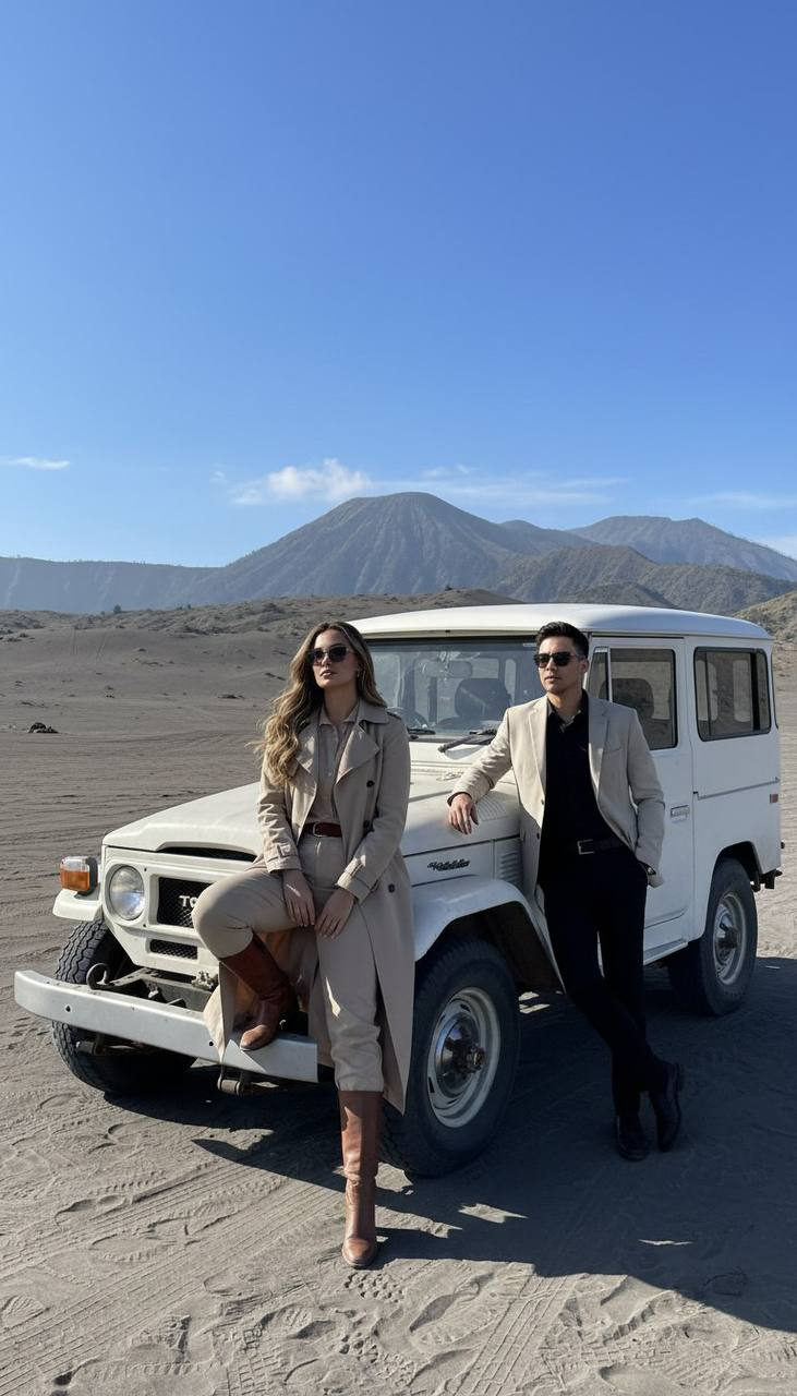A stylish couple poses by a classic Toyota Land Cruiser under a clear blue sky in the Bromo mountain desert.
