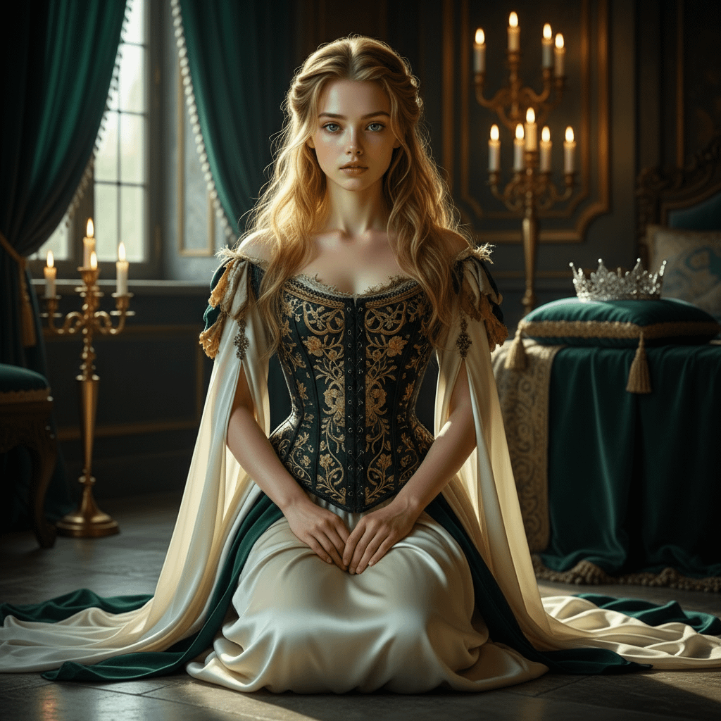 Regal Chamber Kneeling In Historical Gown With Candelabra