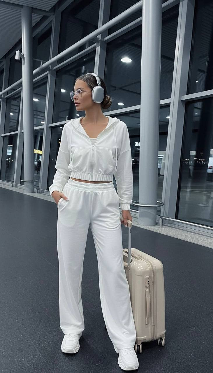 A slender figure in a fashionable pink tracksuit stands at a modern airport, with a light suitcase and glowing headphones.