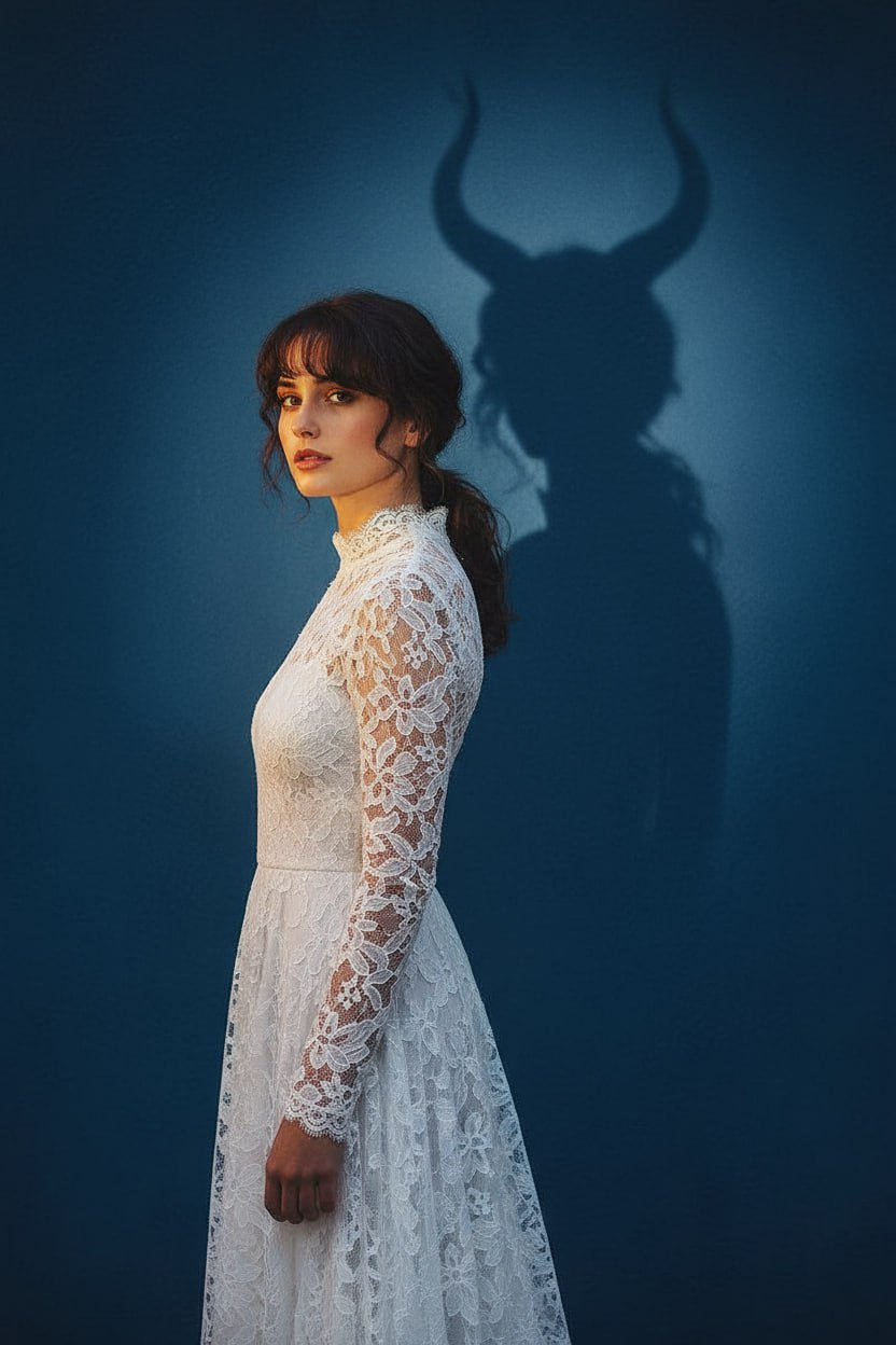 A woman in a lace dress stands against a blue wall, warm lighting accentuates her features while a large horned shadow looms behind her.