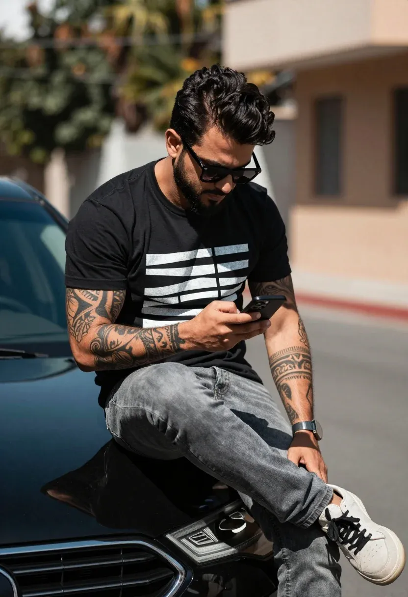 Man Sits Casually The Hood Black Car While Looking His