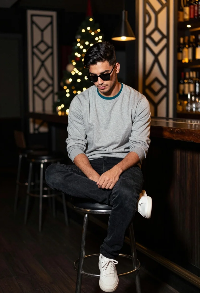 Man Sits Casually High Stool Dimly Lit Venue With Festive