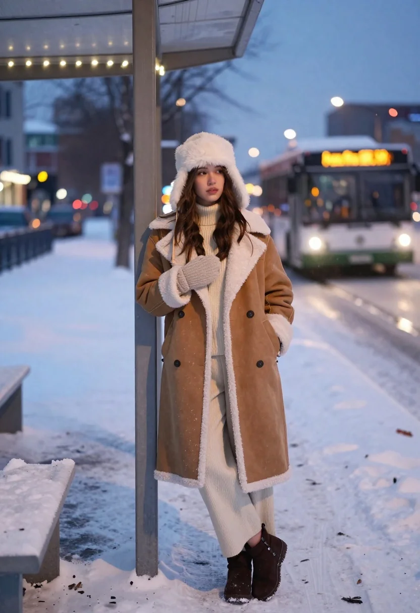A young woman leans against a snowy bus stop shelter during twilight, with soft ambient light illuminating her calm expression.
