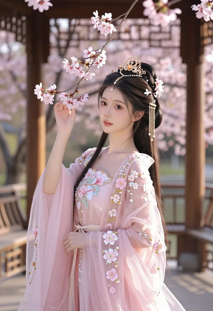 Young Woman With Long Dark Hair Stands Gracefully Traditional Wooden
