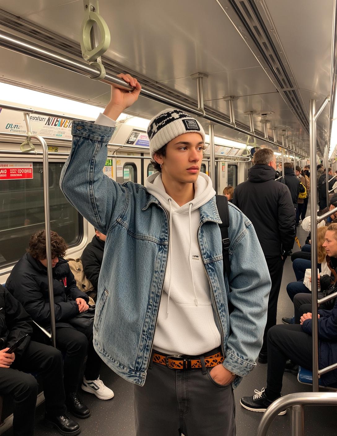 Explore Young Stands Subway Car Holding Onto