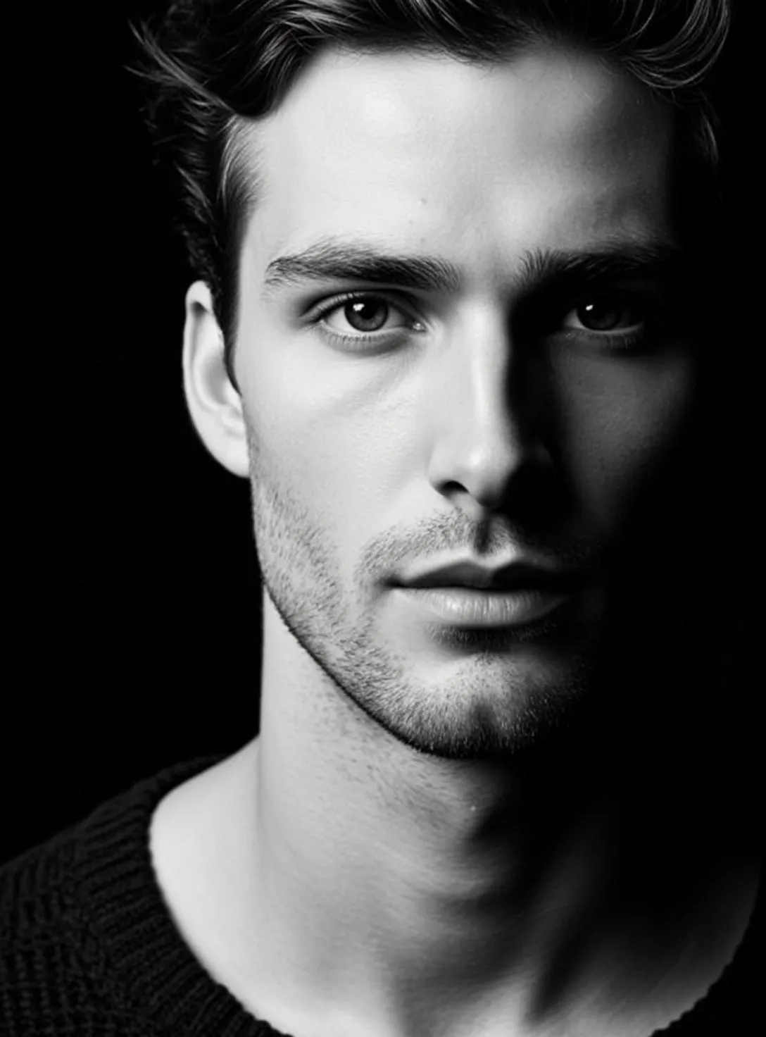 Black And White Close-up Head-and-shoulders Portrait Young Man With Dark