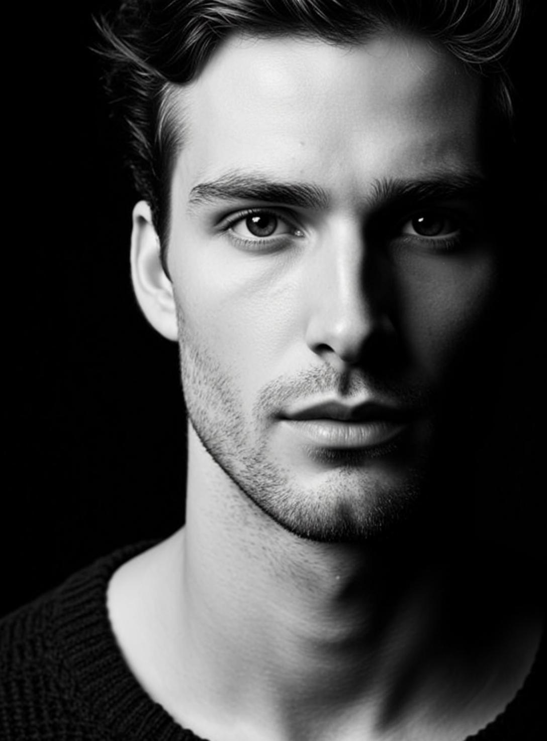 Black And White Close-up Head-and-shoulders Portrait Young Man With Dark