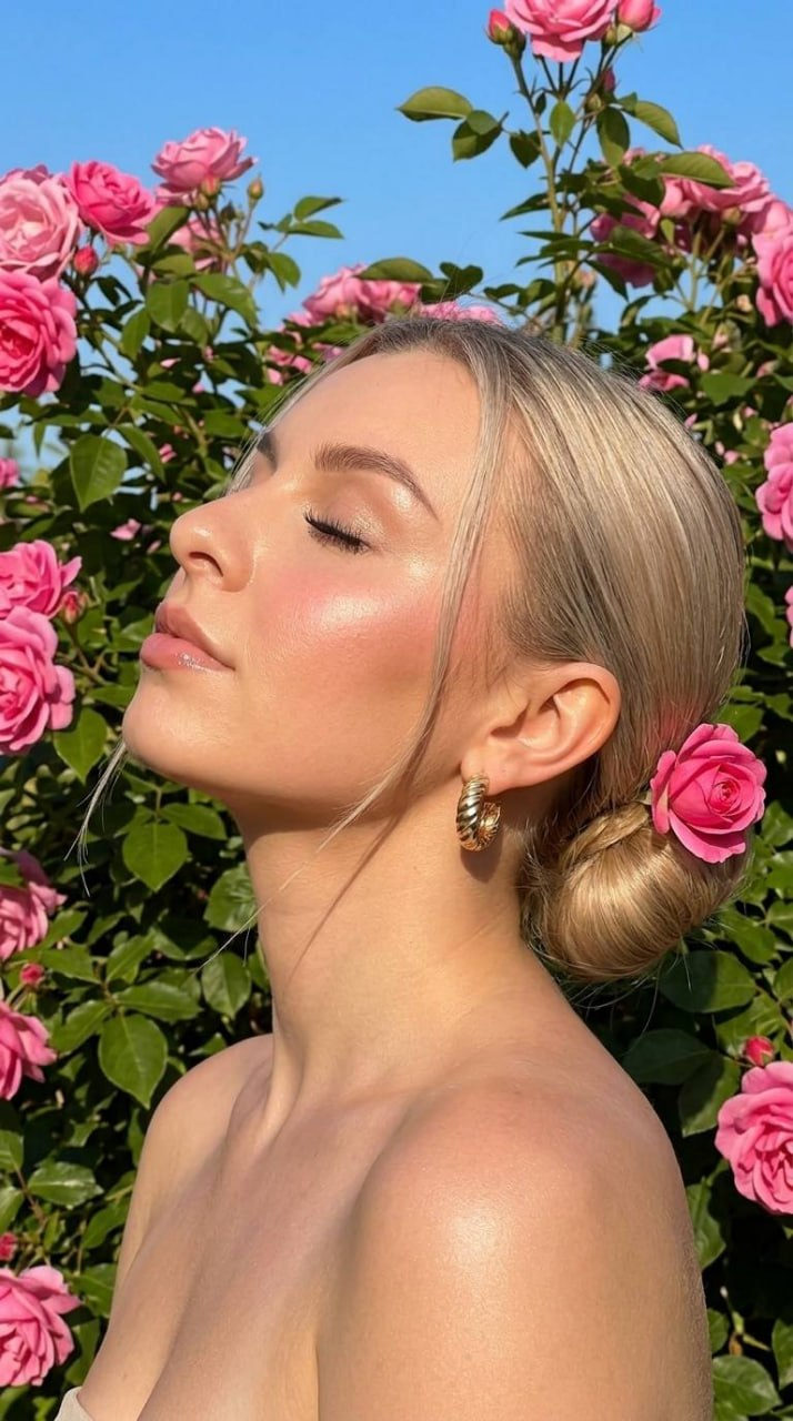 Profile portrait of a woman basking in sunlight, surrounded by pink roses, featuring dewy makeup and a sleek bun.