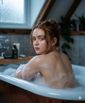 Adult woman looking back from a bubble bath in a rustic bathroom with soft window light.