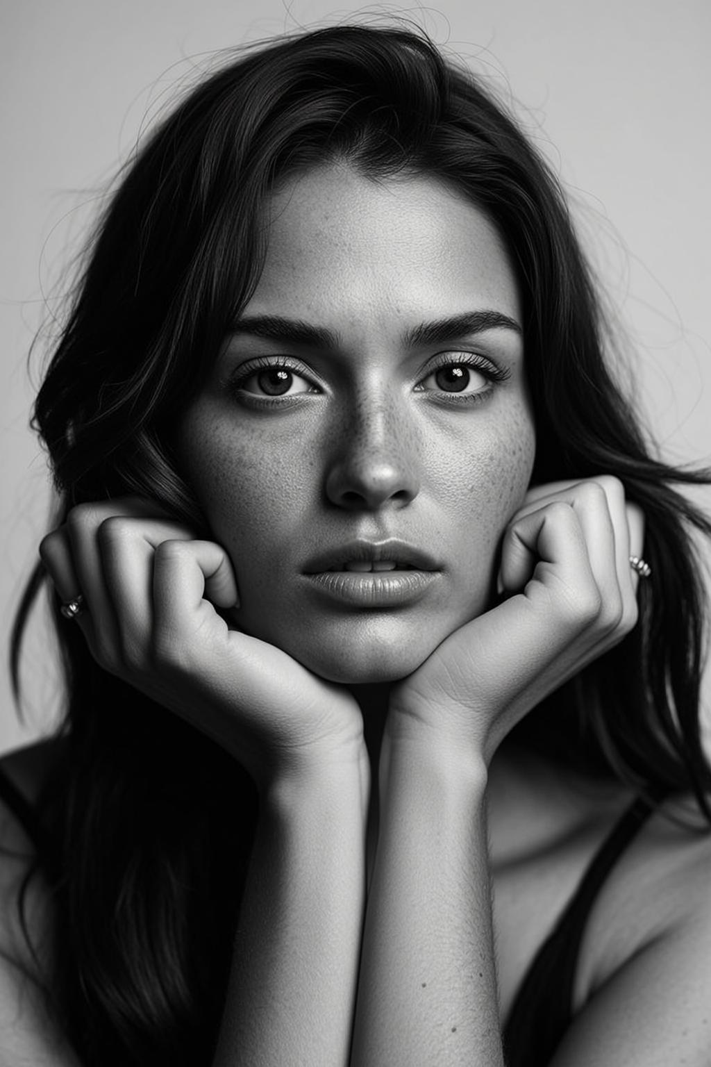 Photorealistic Black And White Medium Close-up Portrait Shows Young Woman