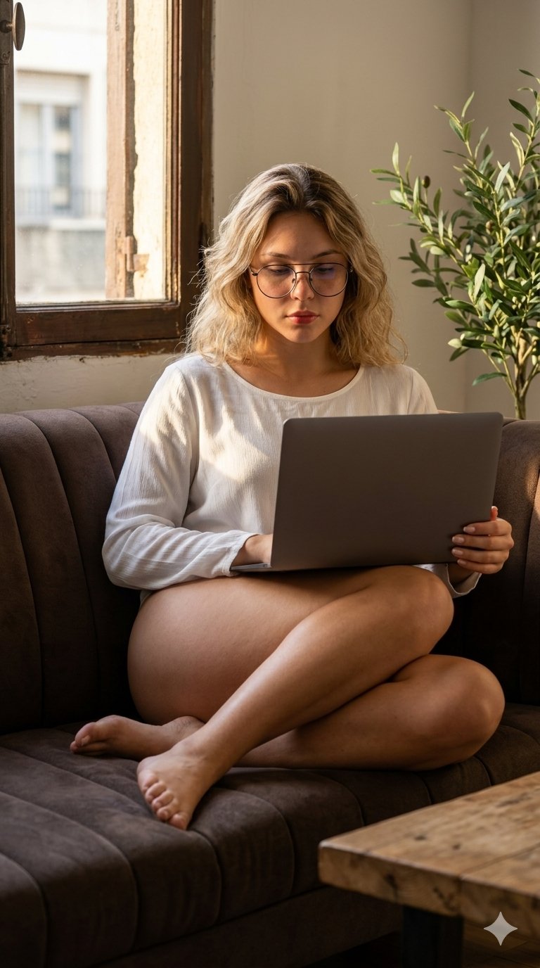 Barefoot On Sofa With Laptop Soft Sunlight