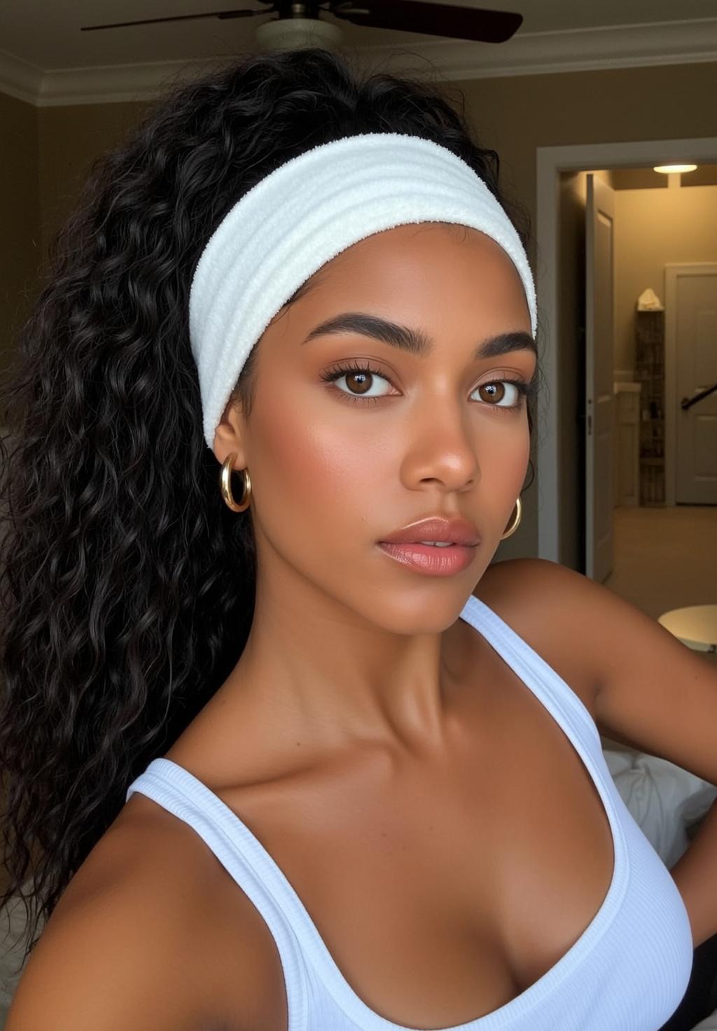Woman White Tank Top Gold Hoops Curly Hair