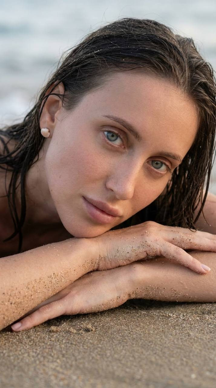 A close-up portrait of a woman lying on wet sand, her wet curls framing her face, while soft light highlights her delicate features.
