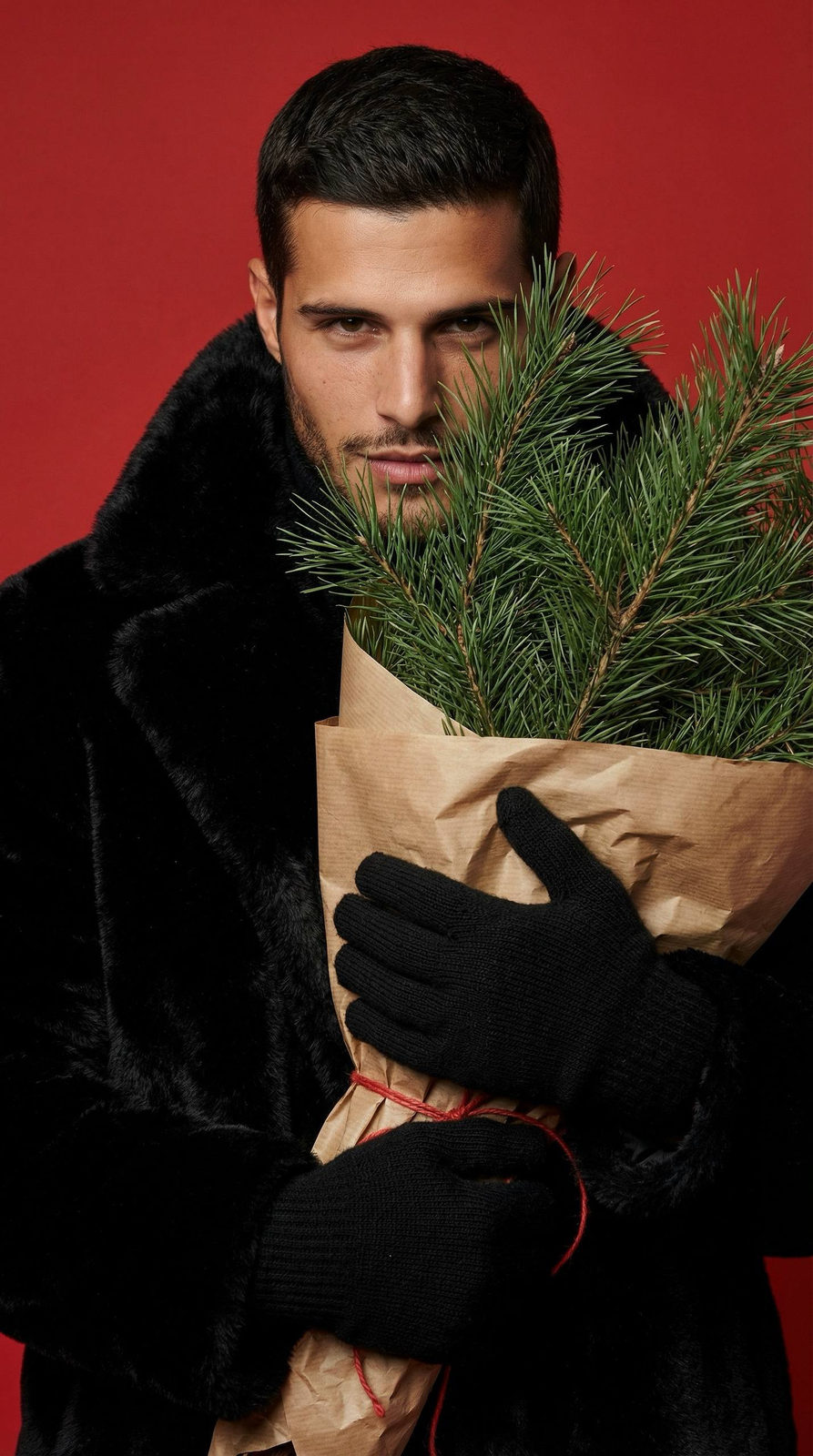 A man in a textured faux-fur coat holds a massive bundle of pine branches wrapped in crinkled kraft paper, with knit gloves and a calm expression.