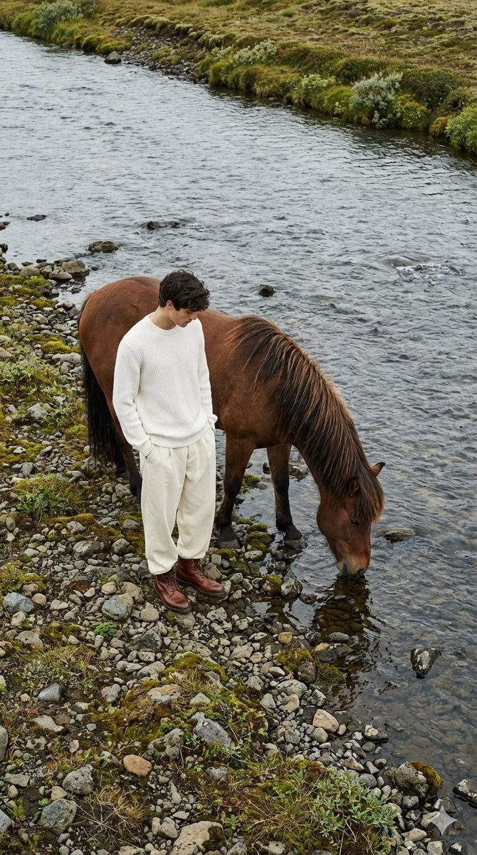 High angle shot of a model in cream trousers and brown leather boots near a horse by a river, surrounded by stones and moss.