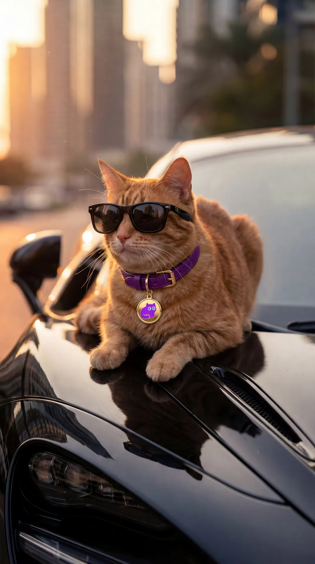 Tabby Cat Sunglasses Luxury Car Golden Hour
