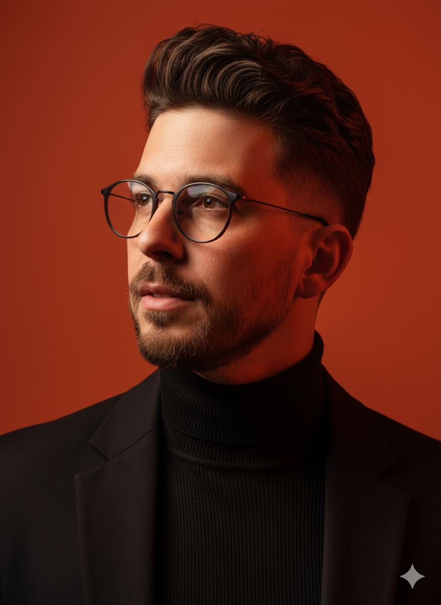 Close-up of a sophisticated man in a black turtleneck and blazer, wearing round glasses, with dramatic lighting and a warm burnt orange background.