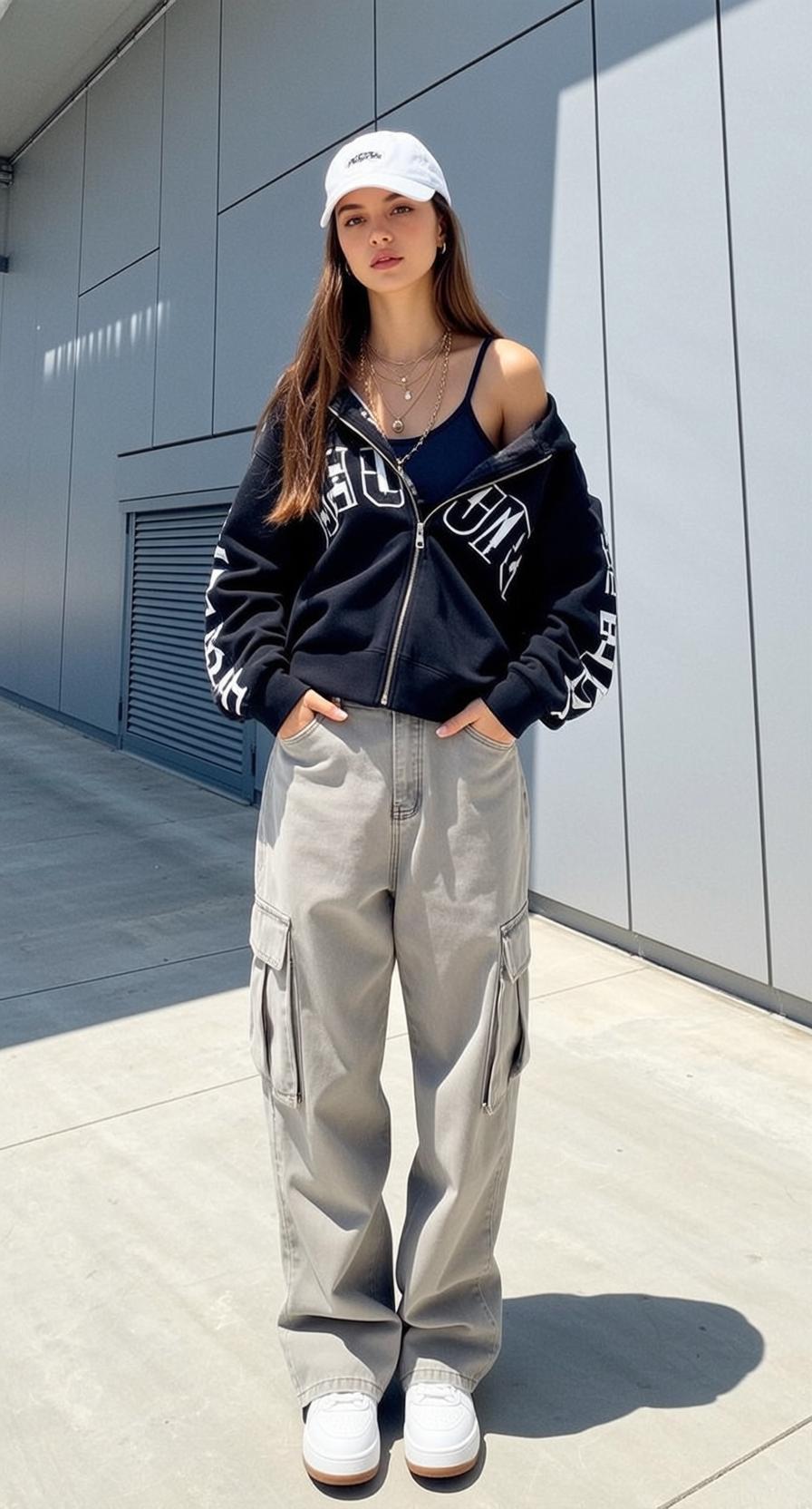 Urban Street Style Girl Black Hoodie Grey Pants