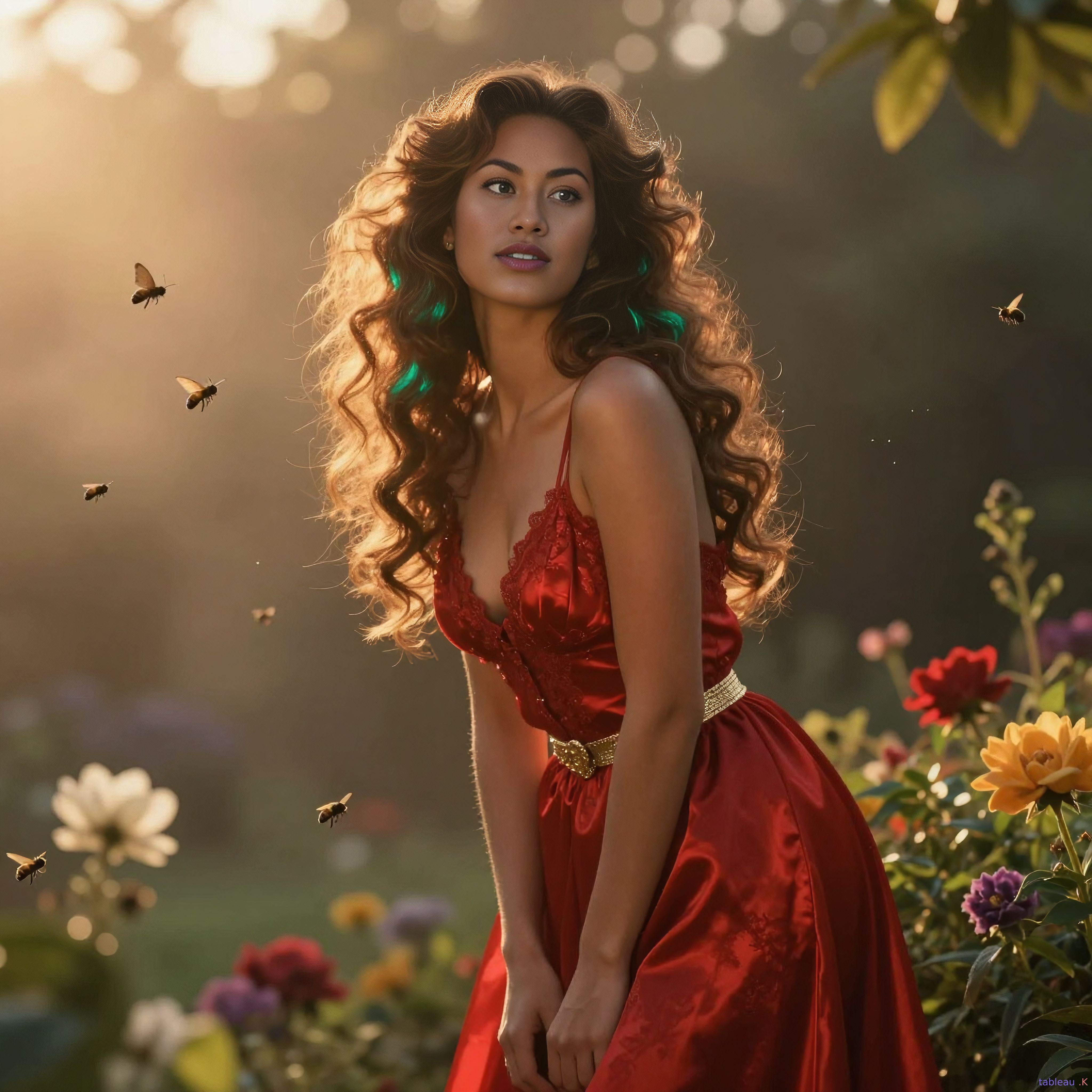 Stands In Lush Sunlit Garden Filled With Blooming White Red