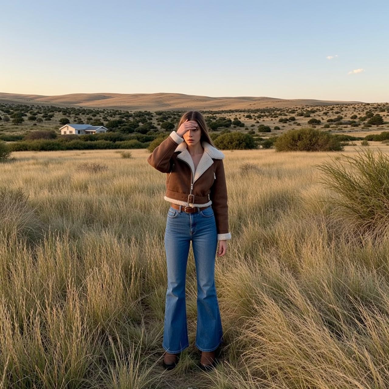 Cowgirl Stands Facing Forward Field Tall Dry