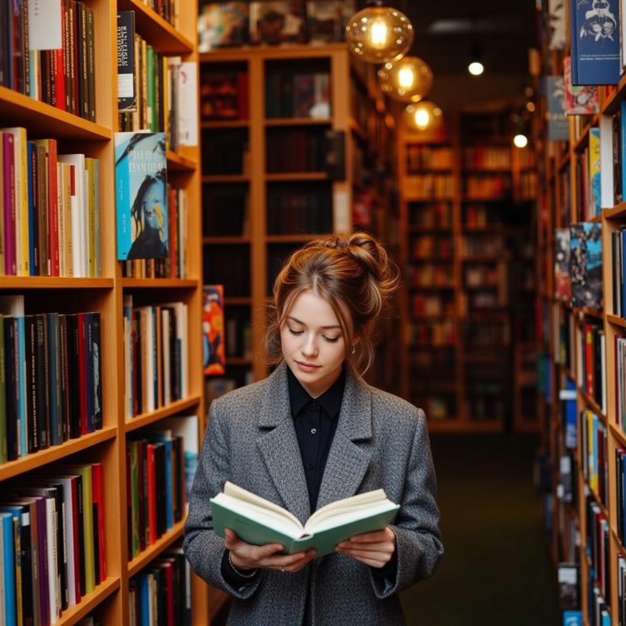 Woman Reading In Bookstore Tweed Blazer