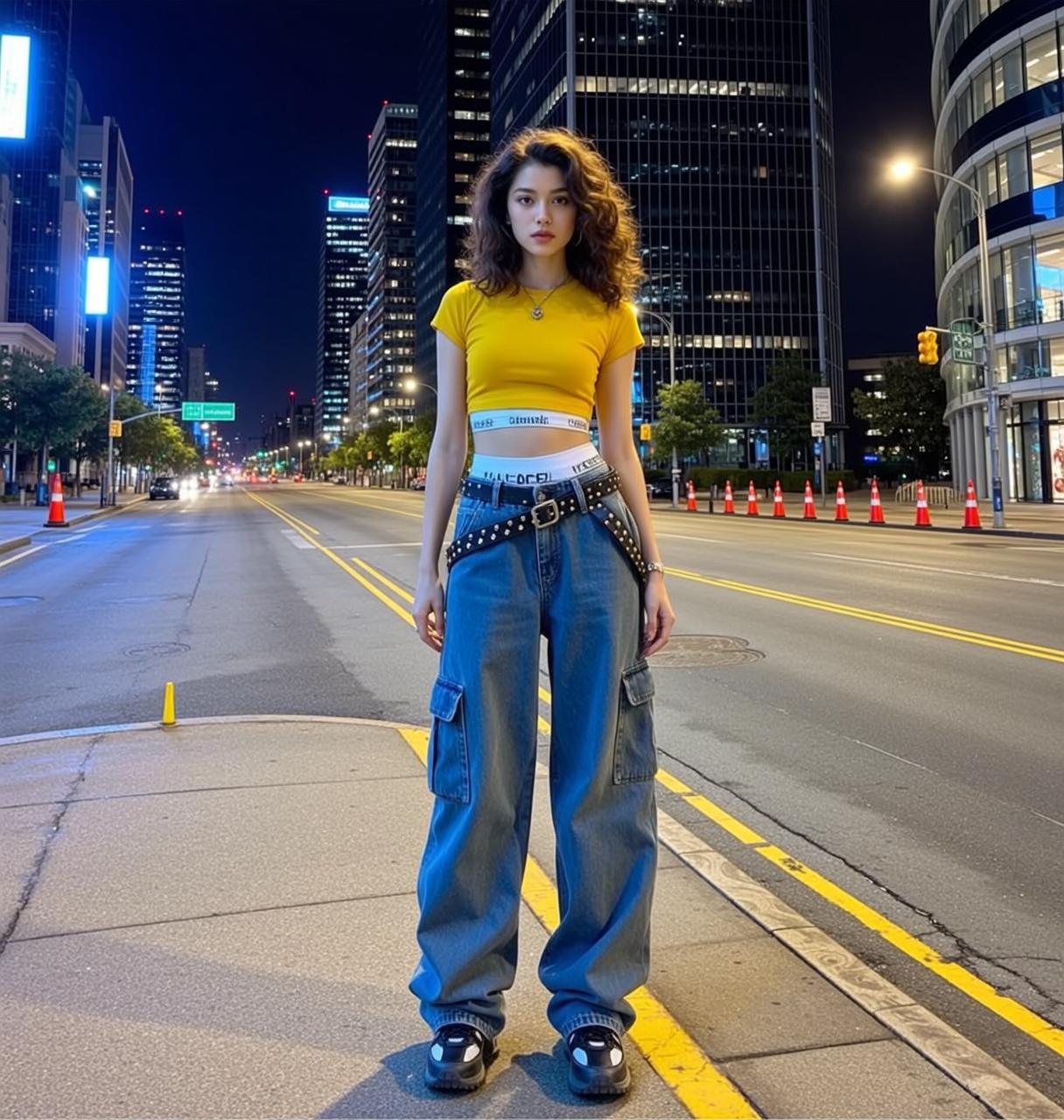 Yellow Crop Top Blue Jeans City Night