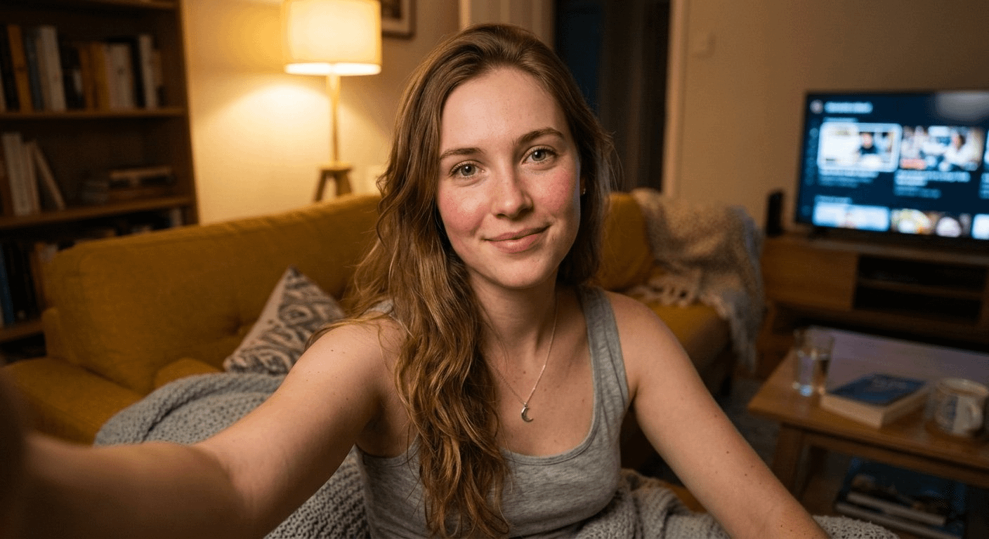 Cozy Couch Selfie Warm Lamp Glow