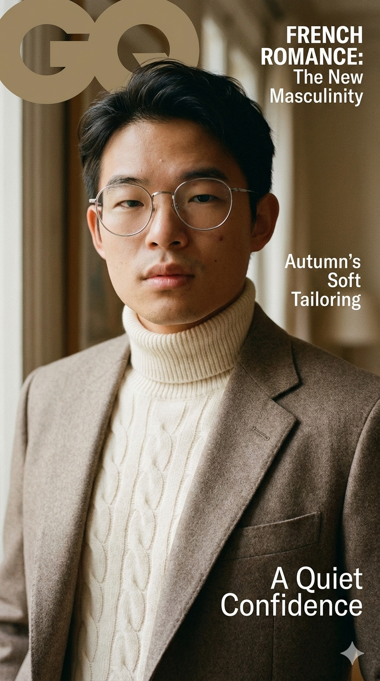 A person in a cream cable-knit turtleneck and brown wool blazer, looking directly at the camera with silver-rimmed glasses.