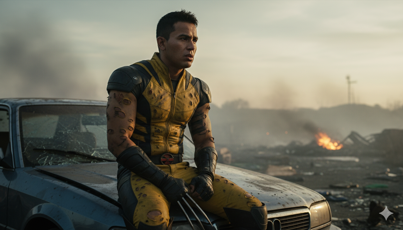 A photorealistic full-body portrait of a young Wolverine sitting on a dented car hood, showing deep exhaustion with a torn yellow and black superhero suit.