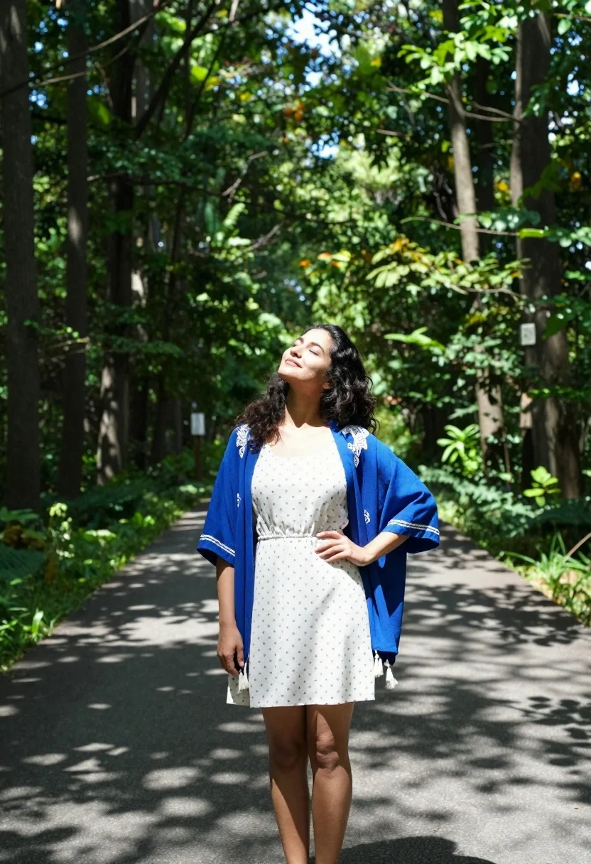 Woman Stands Paved Path Lush Forest With Her Eyes Closed reference photo