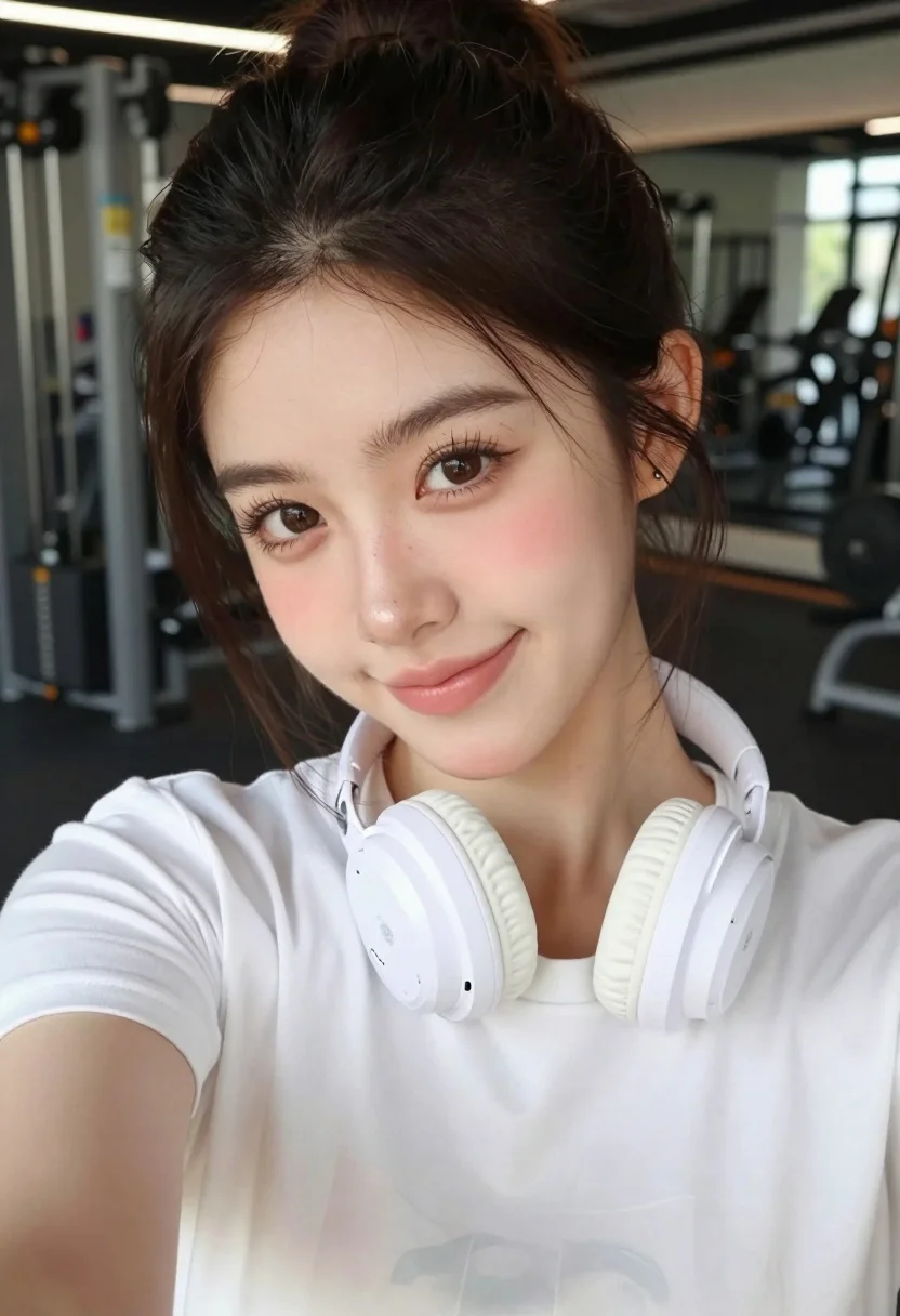 Close-up selfie of a young woman with glowing skin and a soft smile, illuminated by natural light.