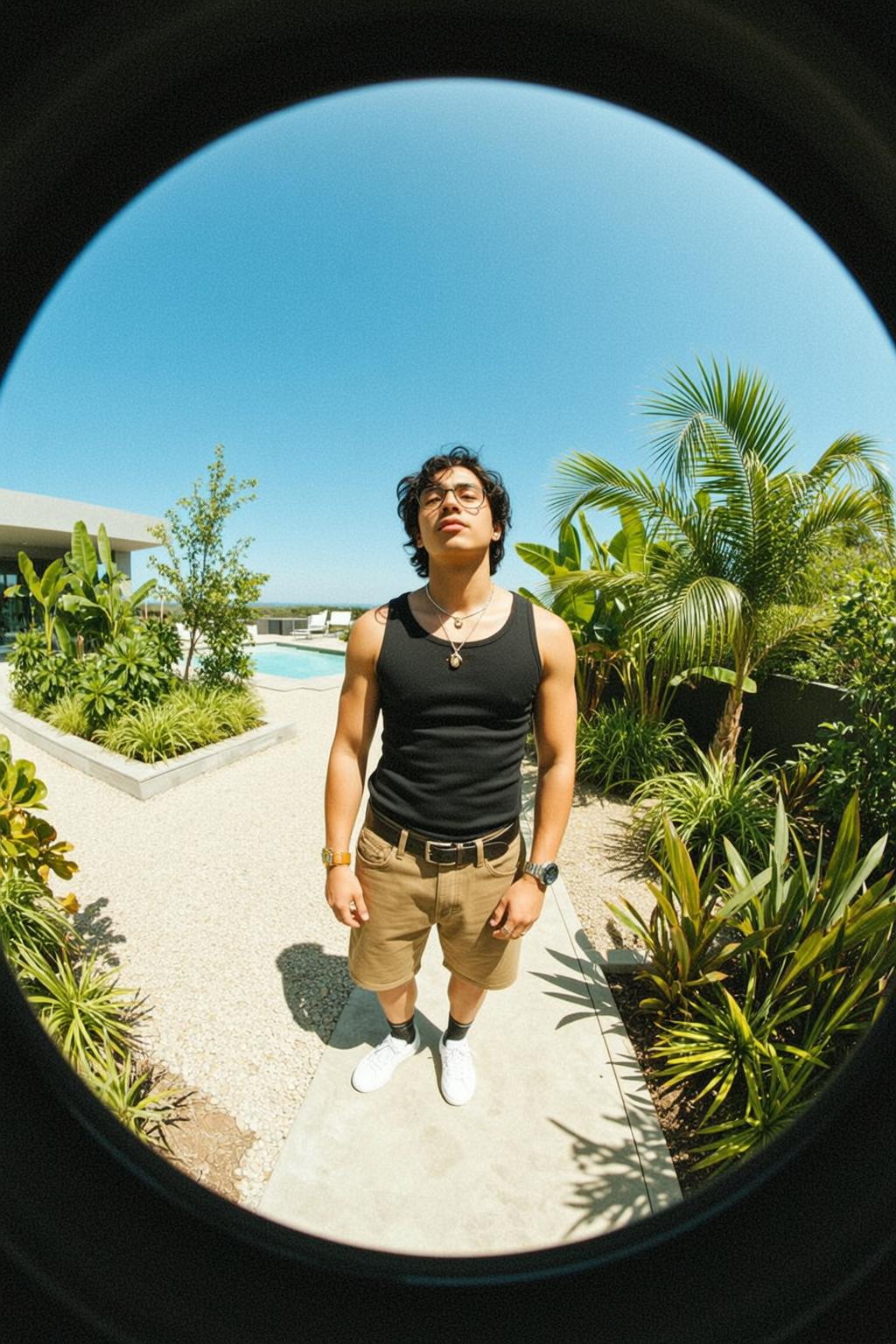 Fisheye Young Dark Curly Hair Tan Skin