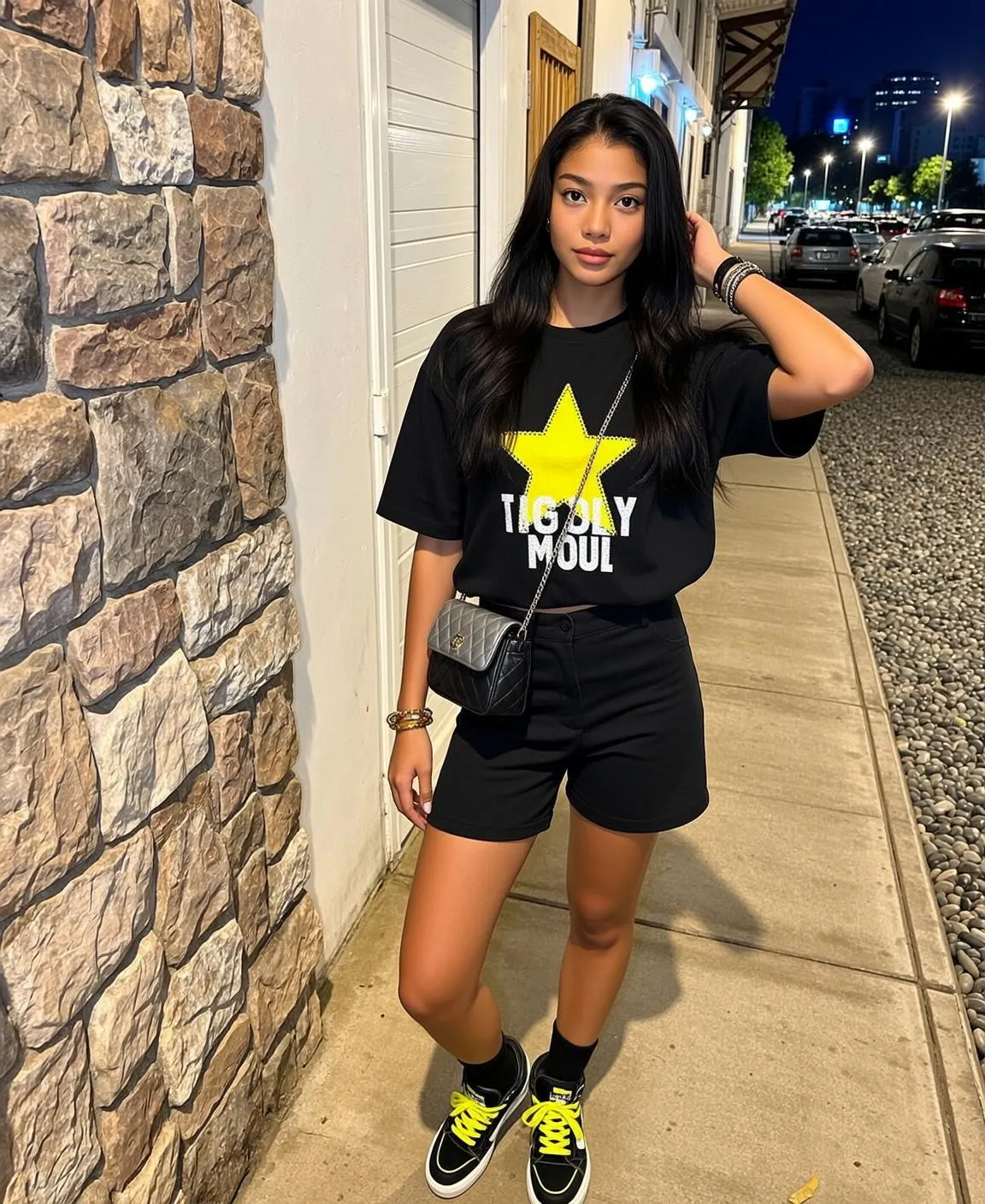 Woman Yellow Star T Shirt Night Outdoor