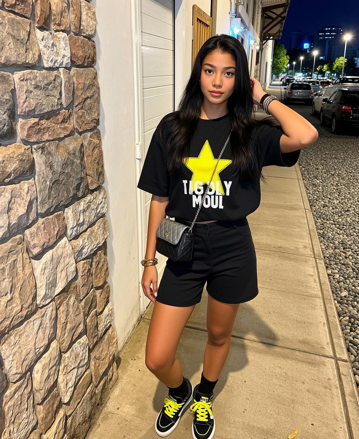 Woman Yellow Star T Shirt Night Outdoor