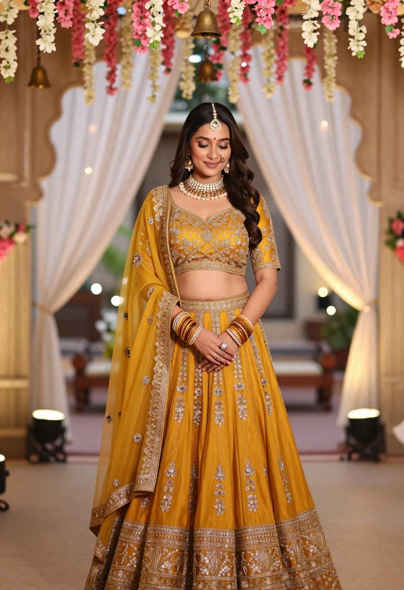 Woman Stands Three-quarter Pose Wearing Elaborate Mustard Yellow Lehenga Choli