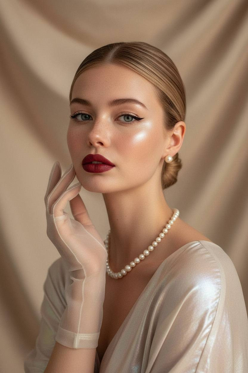 Exquisite close-up portrait highlighting smooth skin with dewy glow, elegantly styled hair, and luxury pearl jewelry against a soft beige background.