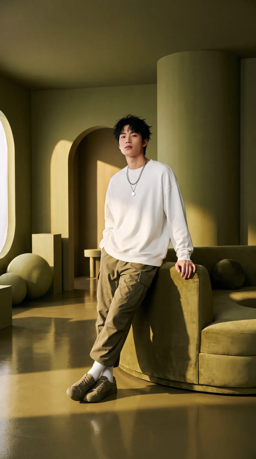 Monochromatic Olive Green Interior Fashion Editorial