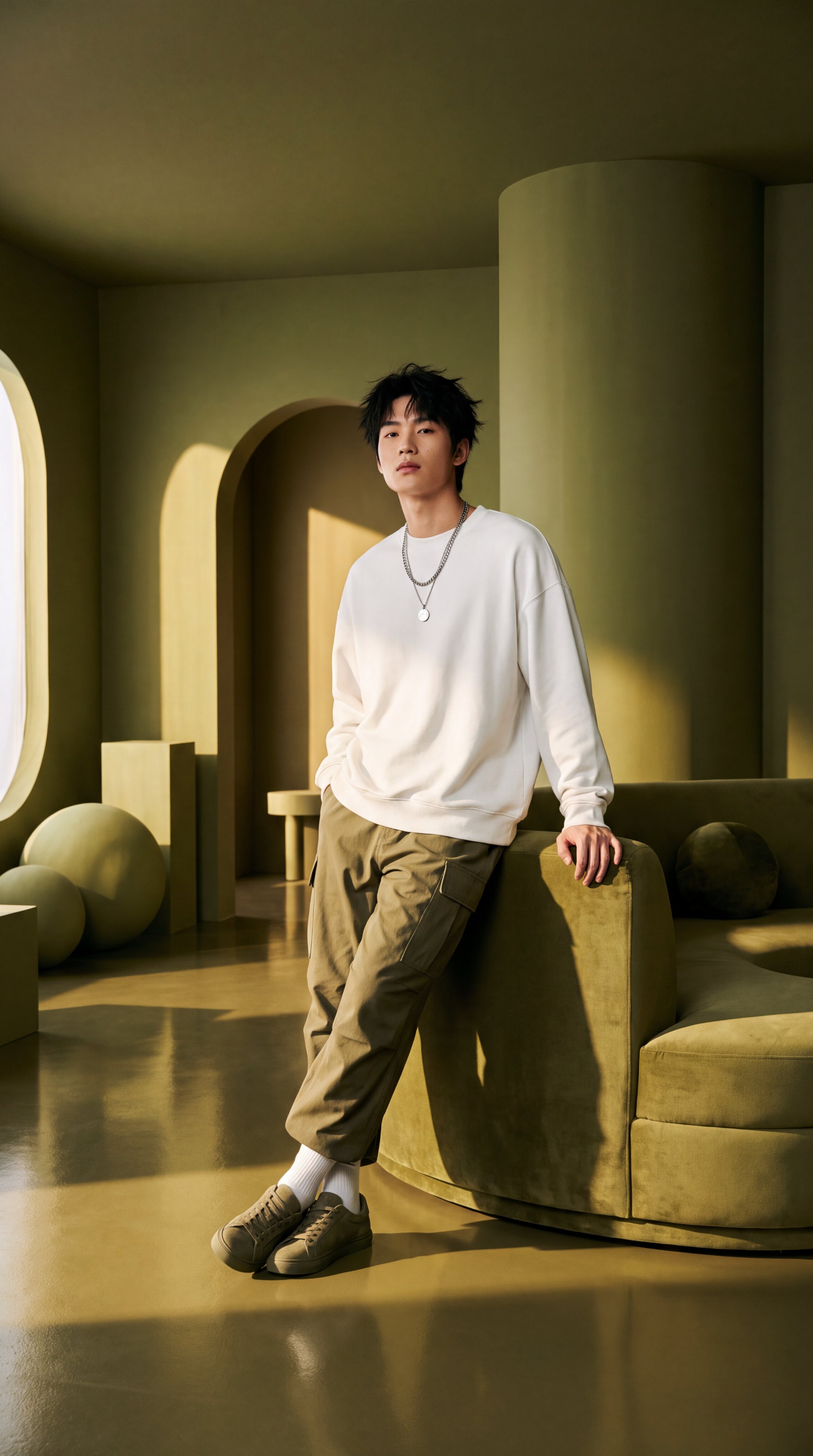 Monochromatic Olive Green Interior Fashion Editorial