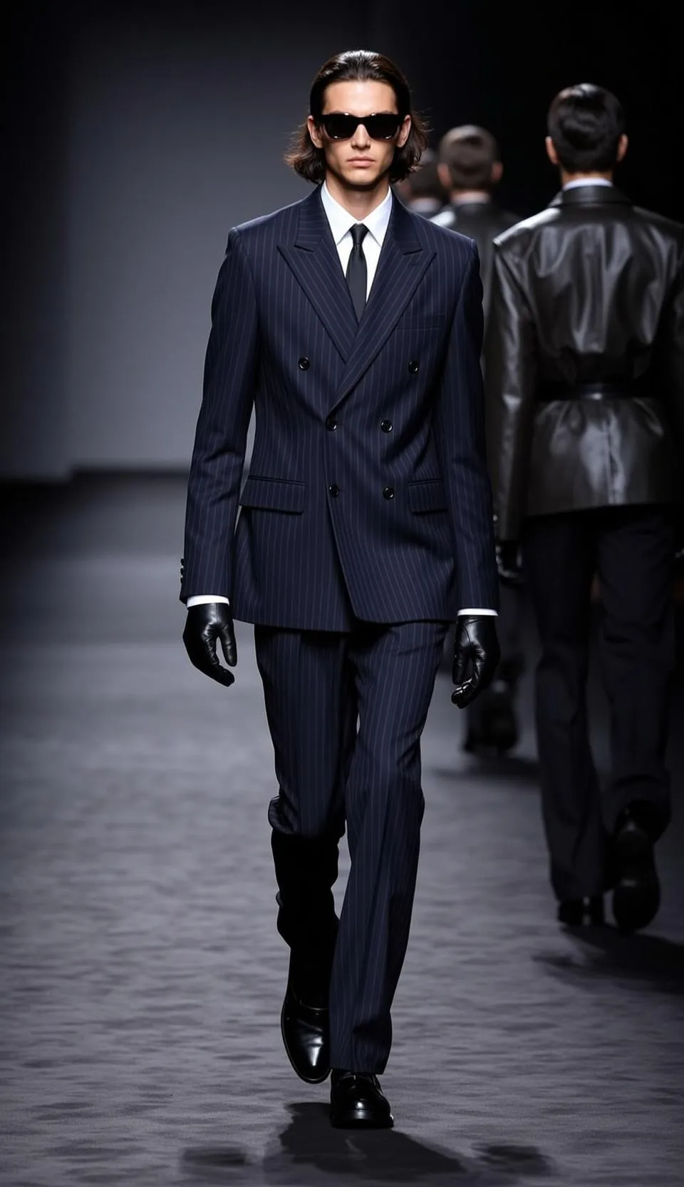 Walking Fashion Runway Dark Suit Sunglasses