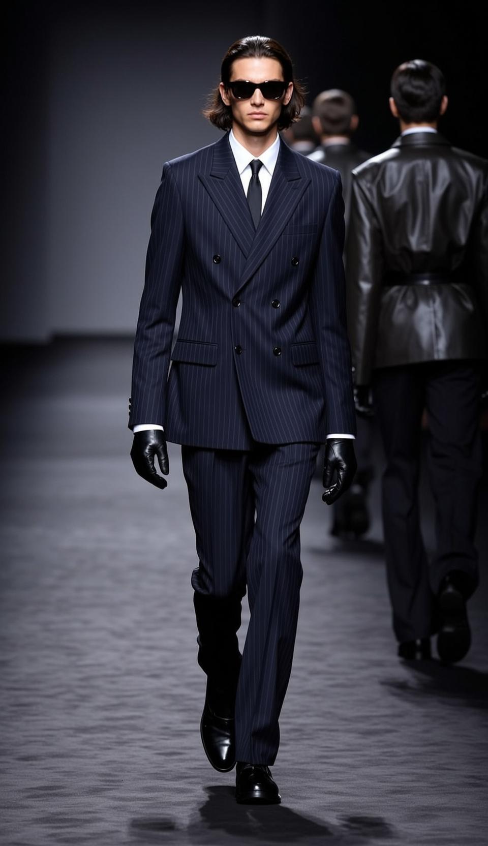 Walking Fashion Runway Dark Suit Sunglasses