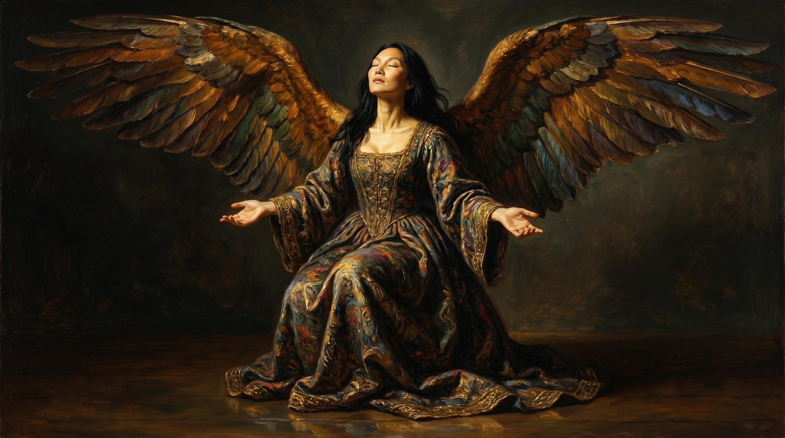 Renaissance Gown Kneeling Serene Oil Painting