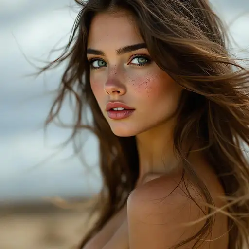 A very pretty young girl with long brown hair flowing in the wind, displaying freckles and tattooed green eyes, captured perfectly.