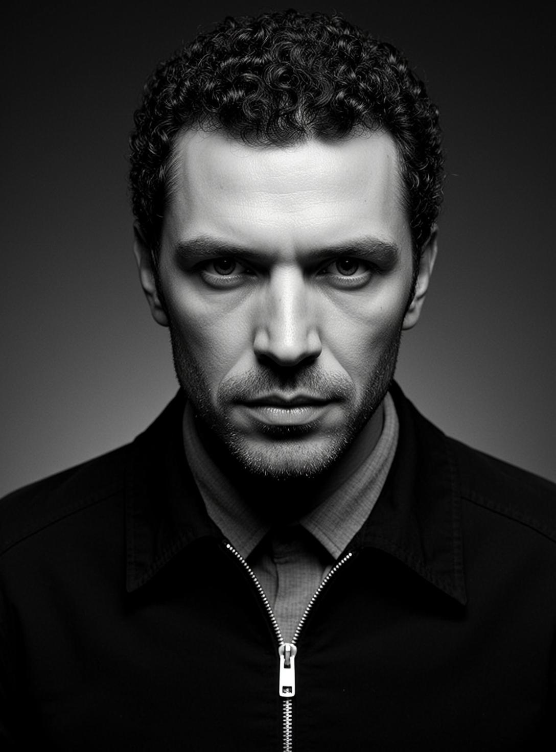 Headshot Portrait Man With Curly Dark Hair Serious Expression And