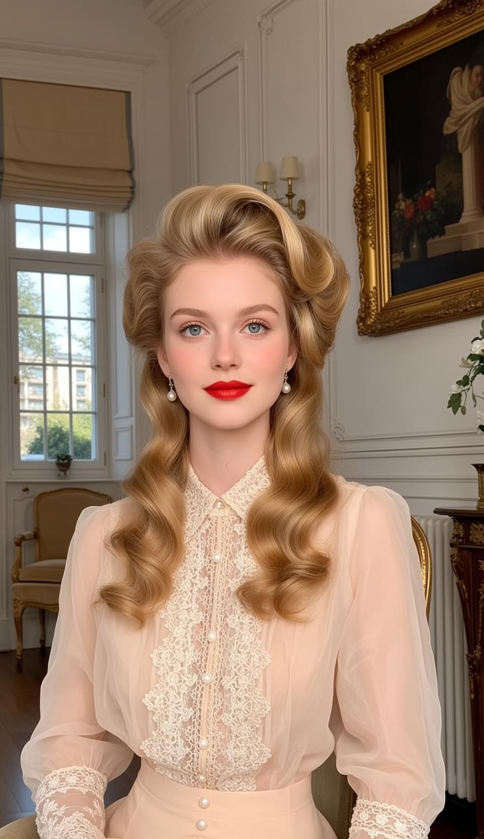 Ornate Room Vintage Elegant Young Woman Pearl Details