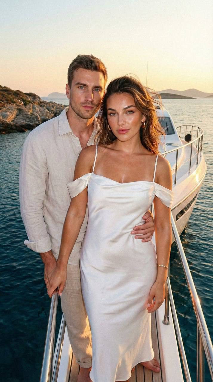 A romantic couple on a yacht during a vibrant sunset, featuring soft silhouettes and deep azure water.